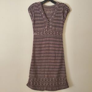 Vintage Y2k Crochet Mini Dress Grey Brown Size Small  Beach Cover Up Cap Sleeve